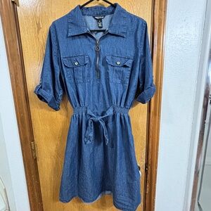 Denim Midi Shirt Dress with Tie Waist - Blue